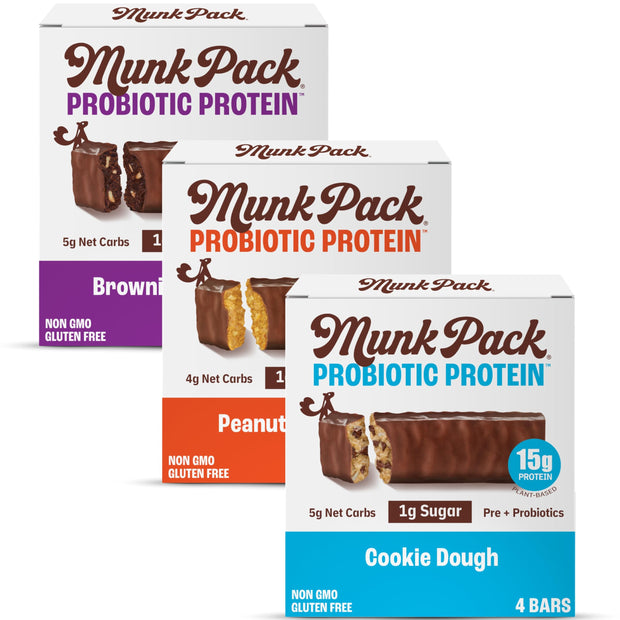Munk Pack Sampler Pack Probiotic Protein Bars | Keto-Friendly 15g Plant Protein, 1g Sugar, 4g Net Carbs - Vegan, Low Carb, Gluten-Free Healthy Snacks | 5 Count