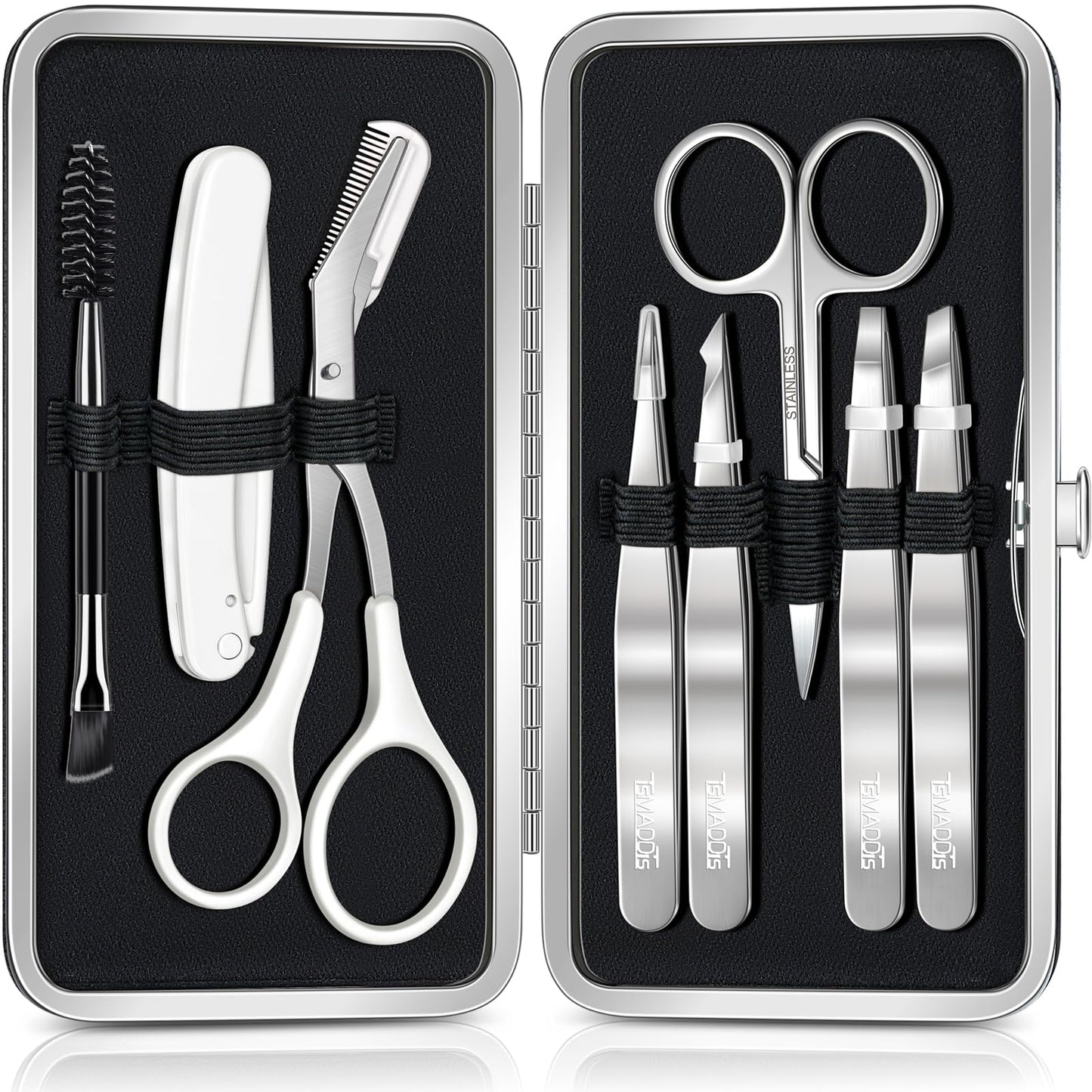 TsMADDTs Tweezers for Women Facial Hair, 8 in 1 Eyebrow Kit with Tweezers, Eyebrow Trimmer Scissors, Razor, Brush with Travel Bag, Hair Plucking Daily Beauty Tools