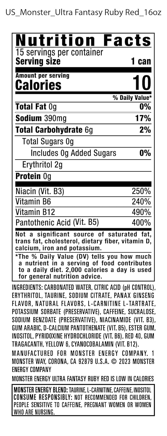 Monster Energy Ultra Fantasy Ruby Red, Sugar Free Energy Drink, 16 Ounce (Pack of 15)