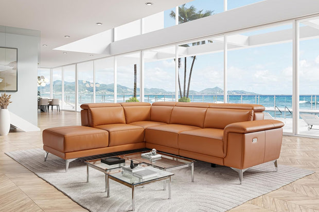 Valencia Pista Full Leather Left Chaise Sofa 112.5" | Italian Nappa Leather Modern Cloud Couch for Living Room/Apartment Furniture | Power Recliner, Ultimate Comfort, Cognac