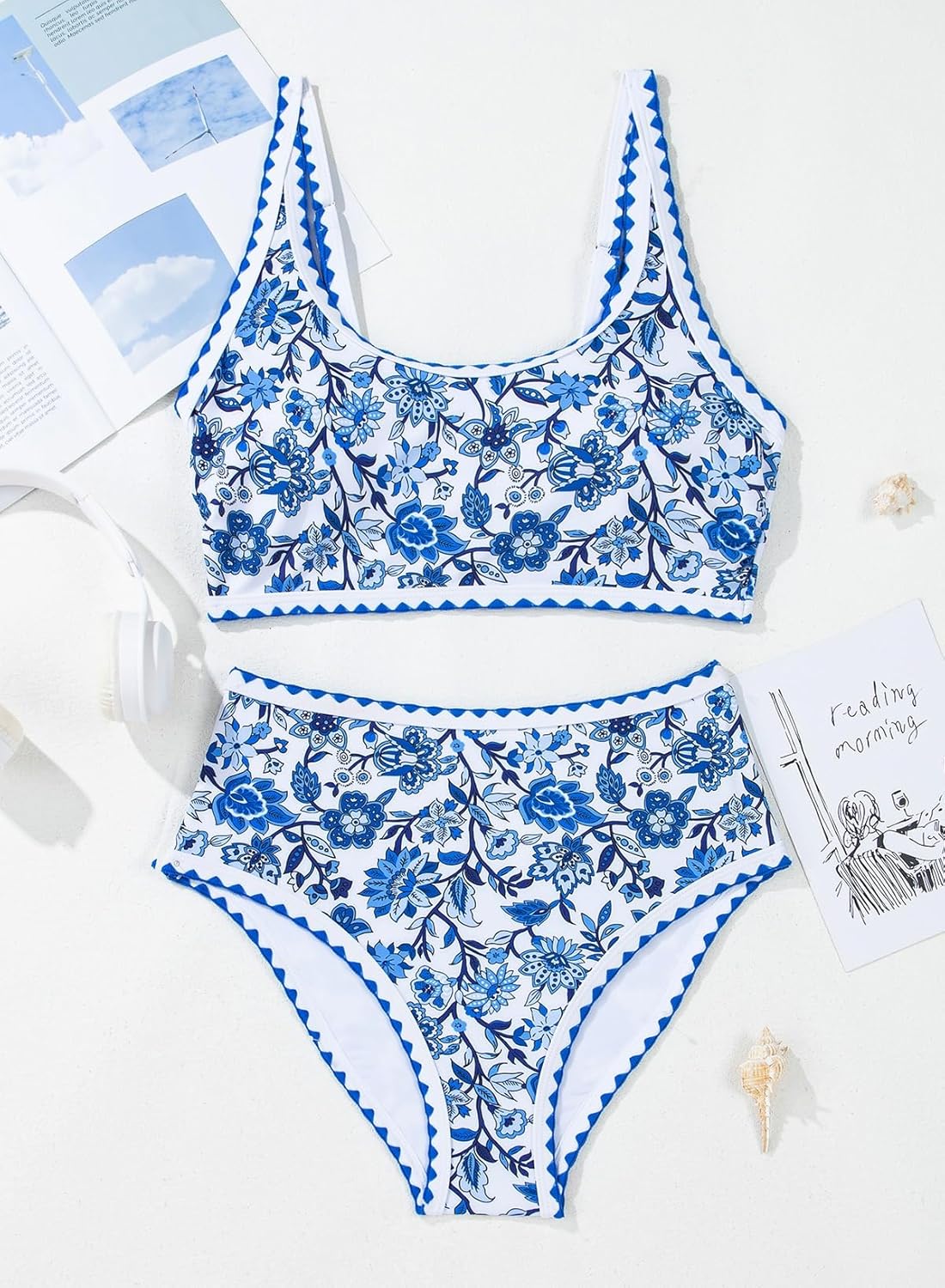 Herseas Women's Bikini Sets Floral Print Whip Stitch 2 Piece Swimsuits High Waisted Scoop Bathing Suits