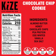 KiZE Energy Bars - Chocolate Chip Cookie - 20 Count - Almond-Butter-Based, Gluten Free, Dairy Free, Non-GMO, and High Protein Meal Replacement Energy Bars, Clean and Simple Food Ingredients - 10g High Protein Snacks (20 Count)