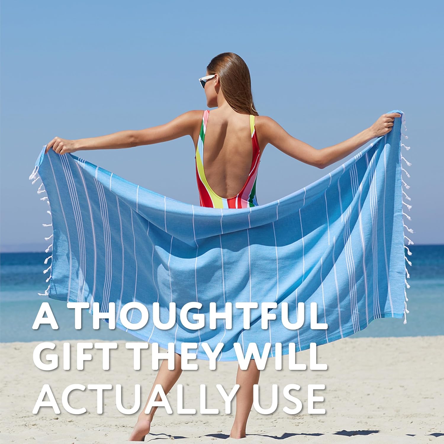 WETCAT Turkish Beach Towel Oversized (38"x71") 100% Turkish Cotton, Made in Turkey - Sand Free, Extra Large, Ultra Soft, Quick Drying, Compact & Lightweight for Travel - Blue