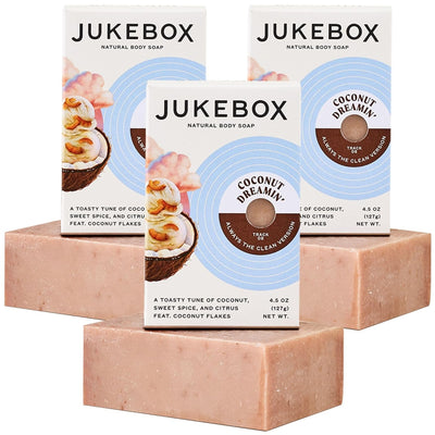 JUKEBOX Soap, Coconut Dreamin'-Natural Bar Soap for Women,Cold Process,Light Scrub, Bath Soap,No Harmful Ingredients,All Skin Types,Toasted Coconut,Sweet Spice,Citrus-A Dr. Squatch Brand-4.5oz, 3 Pack