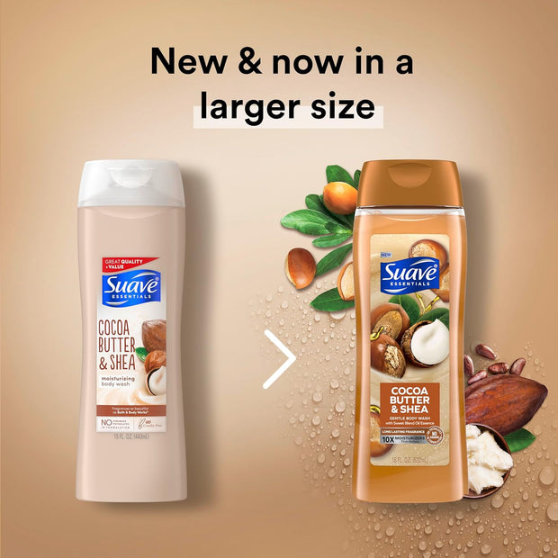 Suave Moisturizing Body Wash, Cocoa Butter and Shea with Vitamin E Extract, No Parabens, No Phtahaltes, 18 Oz Pack of 6