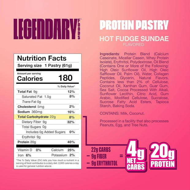 Legendary Foods 20g Protein Pastry - Low Carb Meal Replacement Bar - Low Glycemic, Gluten Free Protien Snacks - Healthy Keto Snack Box, 10x Zero Sugar Energy Bars - Bariatric Diabetic Friendly