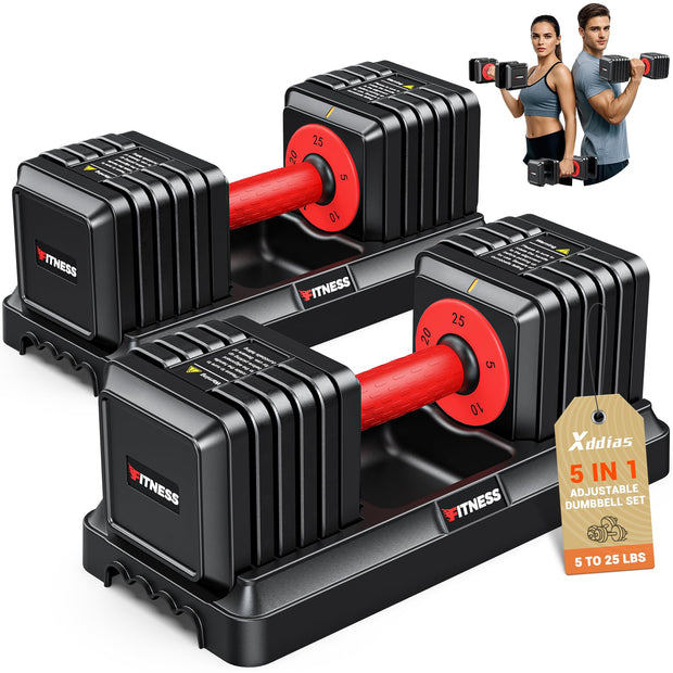 XDDIAS Adjustable Dumbbell Set of 2-25LB/55LB Set-1Sec Adjustable Dumbbell Weights-5 in 1 Free Weights Dumbbells Set with Effortless Tray/No-Slip Handle-Compact Size for Women/Men at Home Gym