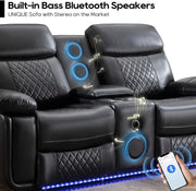 Power Recliner Sofa Set of 3 Piece with Bass Speakers for Living Room,Faux Leather Electric Zero Gravity 3 Seater Reclining Couch with Wireless Charger and Loveseat Theater Chair with LED Lights,Black