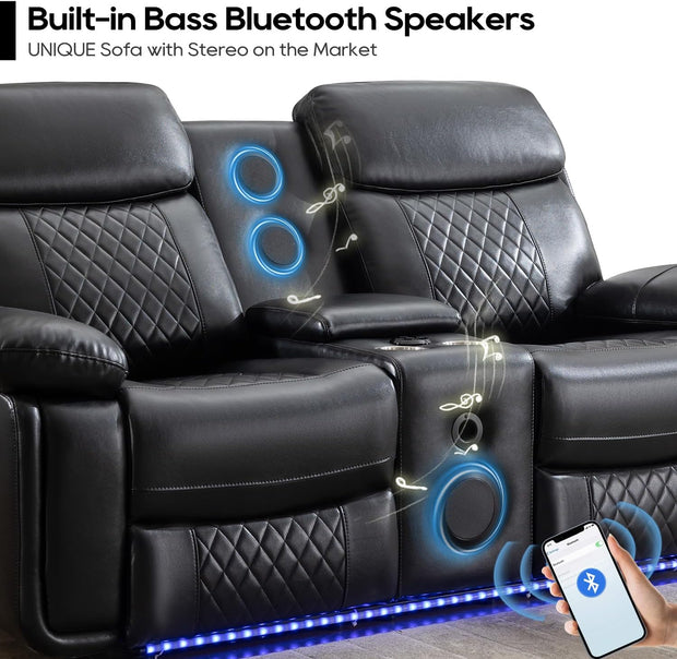 Power Recliner Sofa Set of 3 Piece with Bass Speakers for Living Room,Faux Leather Electric Zero Gravity 3 Seater Reclining Couch with Wireless Charger and Loveseat Theater Chair with LED Lights,Black