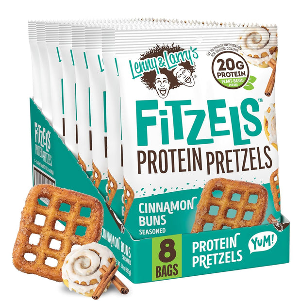 Lenny & Larry's FITZELS Protein Pretzels (Cinnamon Buns) 8 Individual Bags 3 oz Each – High Protein Snacks with 20g of Plant Based Protein – Healthy Vegan Pretzels – Delicious Salty Taste