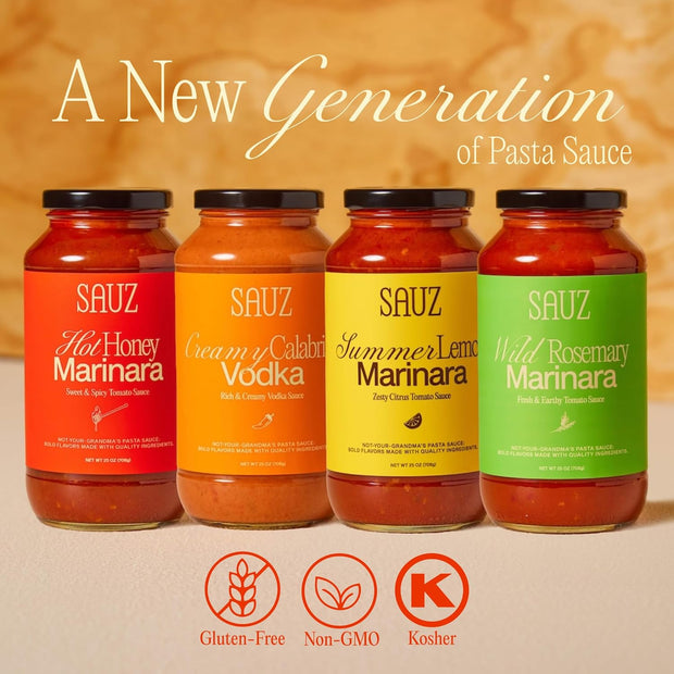Sauz | Variety Pack, 25 Oz Jars (4-Pack), Includes Hot Honey Marinara, Creamy Calabrian Vodka, Wild Rosemary, Summer Lemon, Gluten-Free, Non-GMO, Multi-Use, Clean Ingredients – Small Batch Craft Sauces