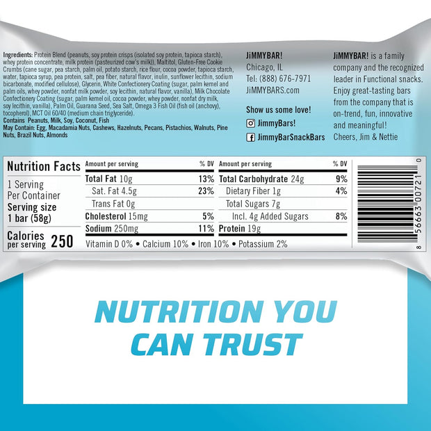 JiMMYBAR! - Cookies N Cream Protein Bars 19g Protein Bar - 7g Low Sugar - 12 Count - 58g Health Bars - Functional Snack with Real Food Ingredients - Hand-Drizzled Chocolate - Made With Real Peanuts