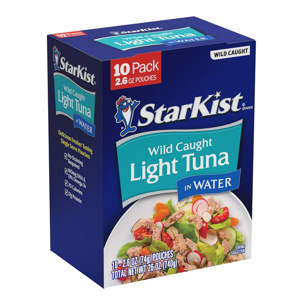 StarKist Chunk Light Tuna in Water, 2.6 oz Pouch (10 Pack) Ready to Eat Wild Caught Tuna, 17g Protein, 70 Calories Per Serving, Gluten Free, Soy Free, Kosher, Perfect for Salads, Keto Meals and Snacks