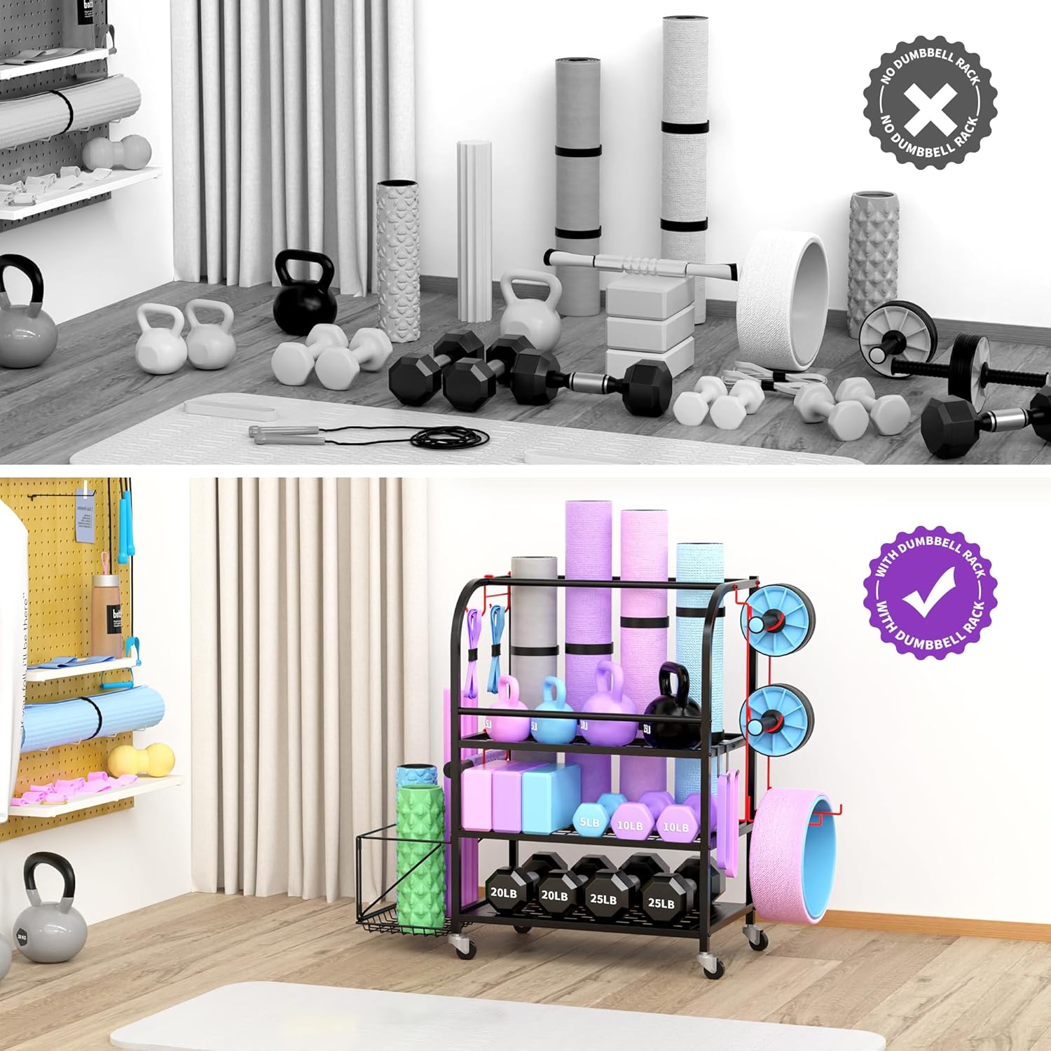 Dumbbell Rack, Weight Rack for Home Gym, 400LBS Metal Home Gym Storage with Lockable Wheels & 4 Adjustable Hooks, Weight Stand for Yoga Mat Storage, Dumbbells, Kettlebell, Foam Roller