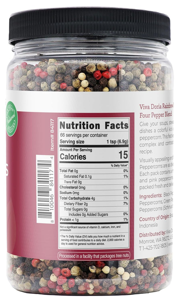 Viva Doria Rainbow Blend Peppercorn, Steam Sterilized Whole Black/Green Pepper, Whole Pink/White Pepper, 16 Oz, For Grinder Refills