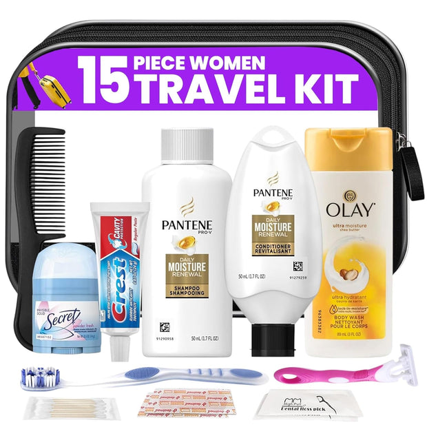 Trektote Travel Toiletry Kit Bundle For Men And Women – 15 Piece Set of Travel Size Toiletries, TSA Compliant, Travel Essentials, Includes Shampoo And Conditioner, Body Wash, Toiletry Bag & More