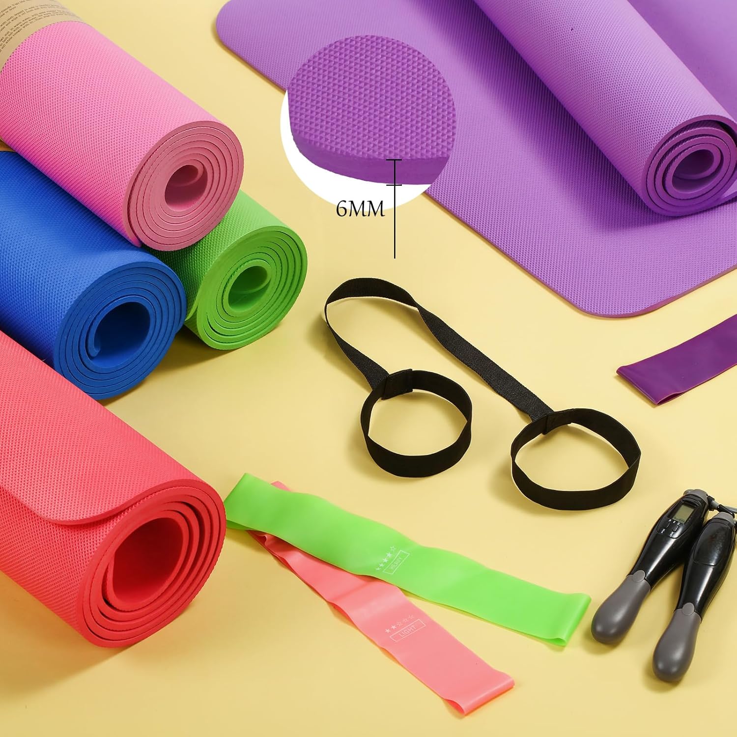Hoolerry 36 Pieces Yoga Mats Sets Includes 12 Pcs Yoga Mats Bulk 68” x 24” x 6mm Thick Exercise Mat Non Slip 12 Resistance Bands 12 Carrying Straps for Women Girls for Gym Pilates