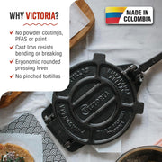 Victoria 8-Inch Cast Iron Tortilla Press HD Spherrous, Commercial-Grade Cast Iron Tortilla Maker, Roti Press, Pataconera Seasoned with Flaxseed Oil, Made in Colombia, Black