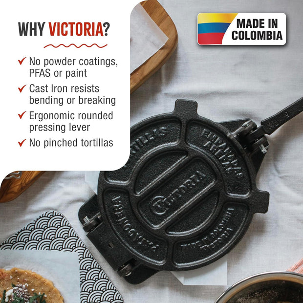Victoria 8-Inch Cast Iron Tortilla Press HD Spherrous, Commercial-Grade Cast Iron Tortilla Maker, Roti Press, Pataconera Seasoned with Flaxseed Oil, Made in Colombia, Black