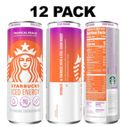 Starbucks Iced Energy Drink, Tropical Peach, Zero Sugar Energy Drink, Plant Based Caffeine, Hydration, Mental Clarity, 12 Fl Oz Cans (Pack of 12)