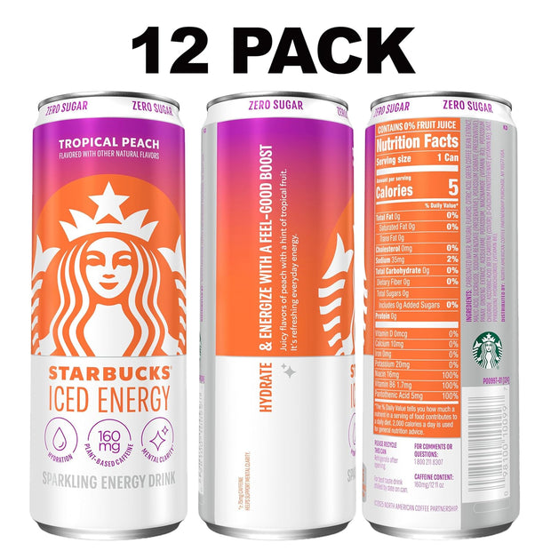 Starbucks Iced Energy Drink, Tropical Peach, Zero Sugar Energy Drink, Plant Based Caffeine, Hydration, Mental Clarity, 12 Fl Oz Cans (Pack of 12)