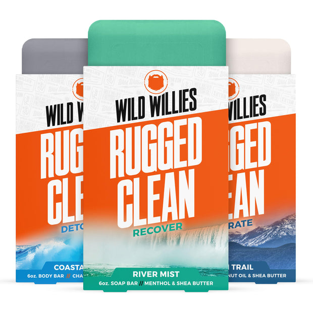 Wild Willies Moisturizing Mens Bar Soap - Bath Soaps with Shea Butter for Odor Protection - Natural Body Bar for Men - River Mist Scent, 3 Pack