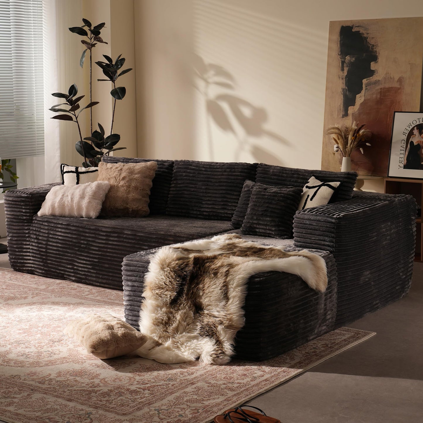 114" Boneless Couches for Living Room, Brown Faux Leather Cloud Sectional Couches with Chaise, Deep Seat L Shaped Modular Sofa, No Assembly Required Sofas in a Box (Right,Faux Leather,Brown)