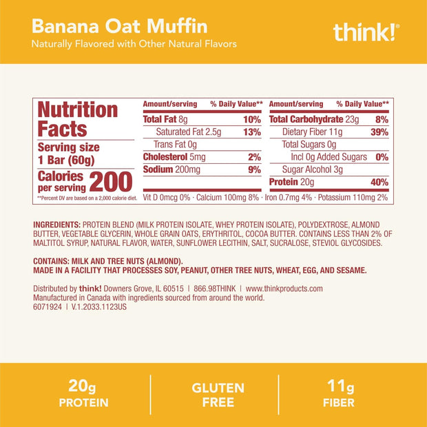 think! Protein Bars, High Protein Snacks, Gluten Free, High Fiber, Banana Oat Muffin, 10 Count