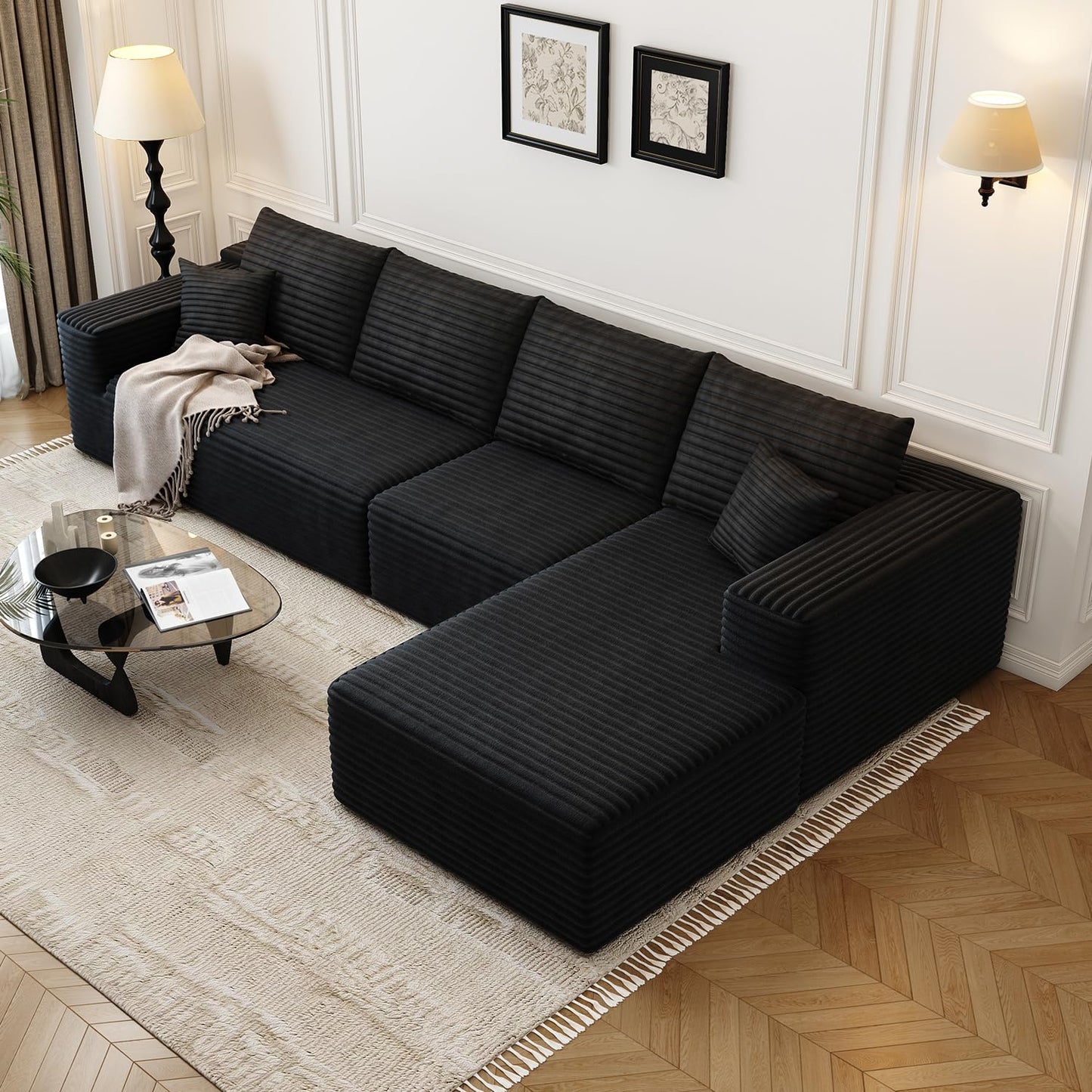 107.5" Cloud Modular Sectional Sofa with 1 Ottoman,Modern Minimalist Upholstered Couches, Comfort U Shaped Sofa for Living Room,Deep Seat Corner Couch，No Assembly Required (Black,Left Facing Chaise)
