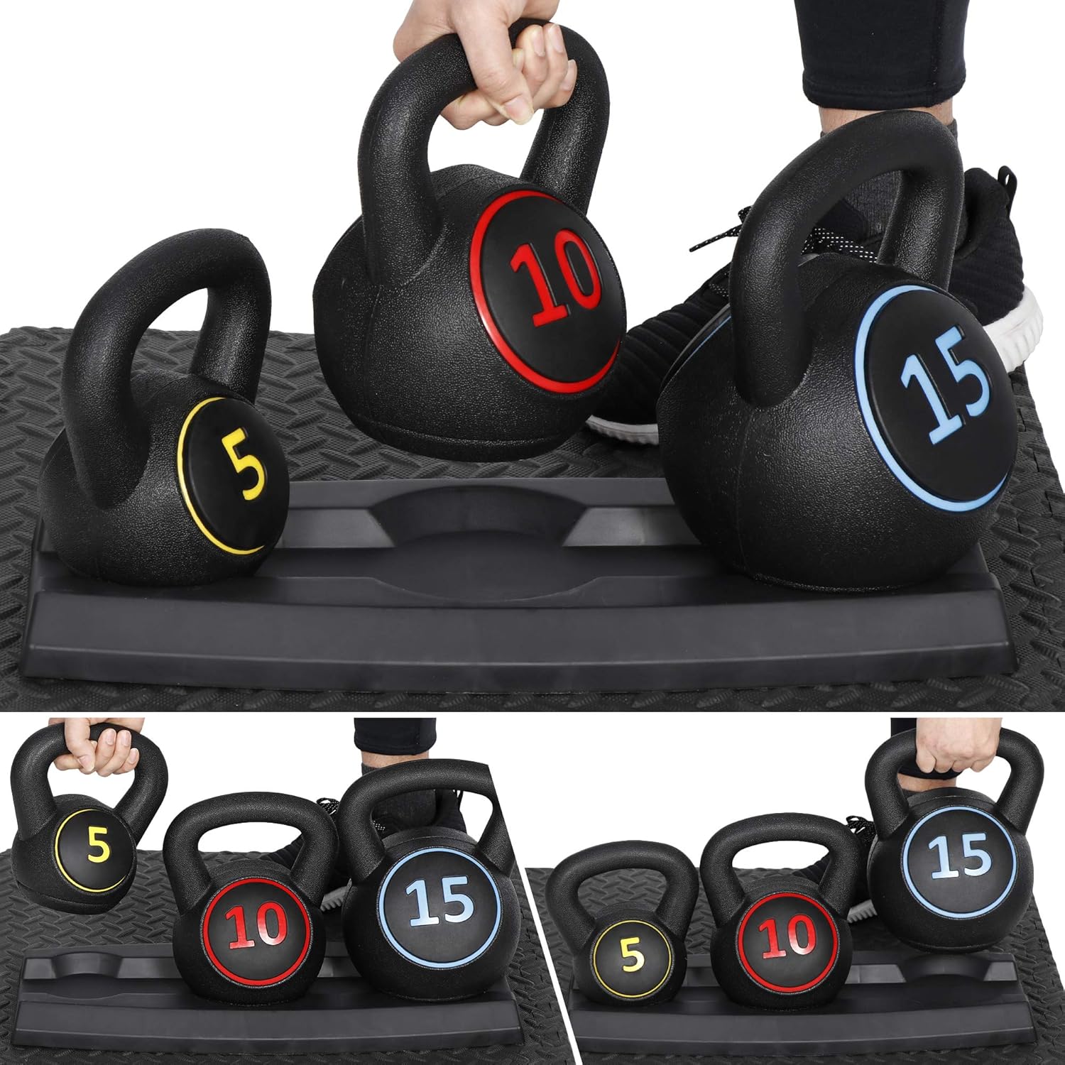 3-Piece Kettlebell Set, Exercise Fitness Weight Set with Base Rack for Home Gym, Home Workouts, Strength Training, Include 5 lbs, 10 lbs, 15 lbs
