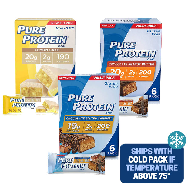 Pure Protein Bars, Chewy Chocolate Chip, Chocolate Deluxe, Chocolate Peanut Butter - Box of 6-3 Boxes - 1 Box of each flavor