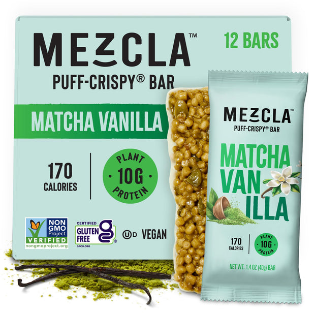 Mezcla Puff Crispy Protein Bars, Gluten Free & Vegan Protein Bars, 10g Protein, Alt for Crispy Rice Treat, Granola Bars & Breakfast Bars, Healthy Snacks for Adults, Peanut Butter Chocolate, 12 Pack