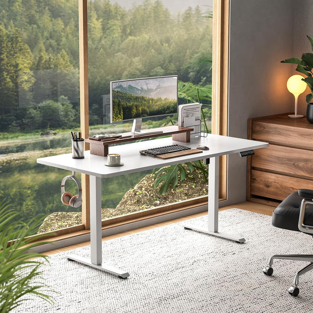 Veken 55 Inch Large Electric Standing Desk, 4 Memory Heights Adjustable,Sit to Stand Up, Work Home Office Computer Table for Study, Walking Pad, Writing, and Games, Wooden Desktop Desks, White
