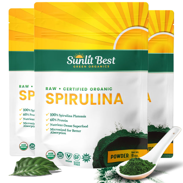 Sunlit Best Spirulina Powder Organic USDA - Chlorophyll, Fast Absorption, Blue-Green Spirulina Algae, Raw Vegan Protein - Non-GMO, Gluten Free Superfood Energy, Gut, Immune Support Supplement - 8 Oz