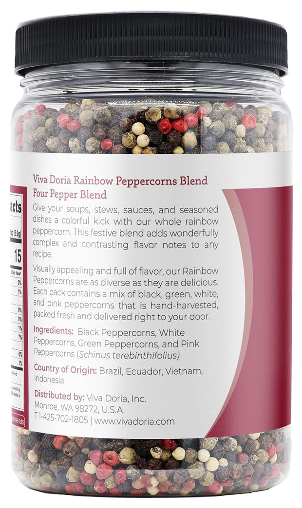 Viva Doria Rainbow Blend Peppercorn, Steam Sterilized Whole Black/Green Pepper, Whole Pink/White Pepper, 16 Oz, For Grinder Refills