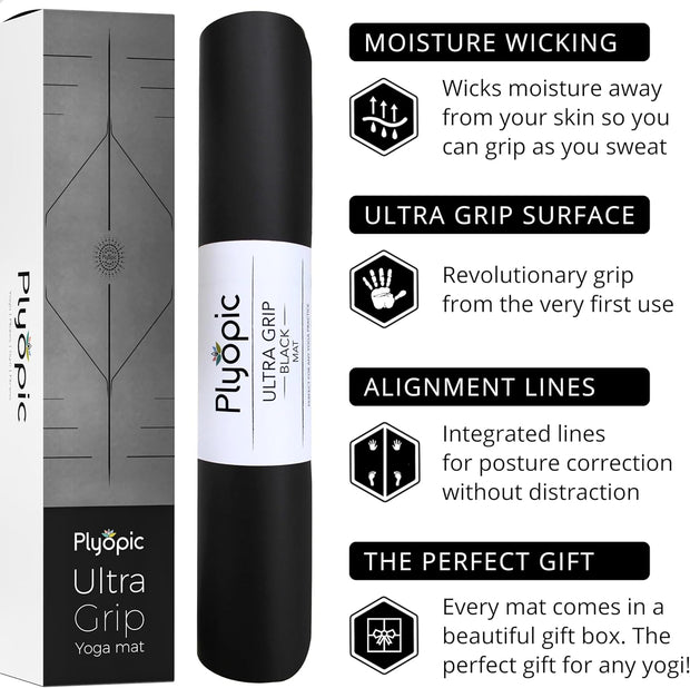 Plyopic. Ultra-Grip Pro Yoga Mat – EXTREME Non-Slip Performance - Dry Grip & Wet Grip - Alignment Lines - Comfortable & Sweat Resistant - For Yoga, Pilates, Exercise, Workout, Bikram & Hot Yoga