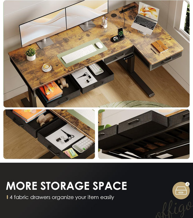 63 Inch L Shaped Electric Standing Desk with Drawers, Height Adjustable Large Desk with Power Outlets, Sit Stand Table, Writing Computer Desk for Home, Office, Workstation, Rustic Brown