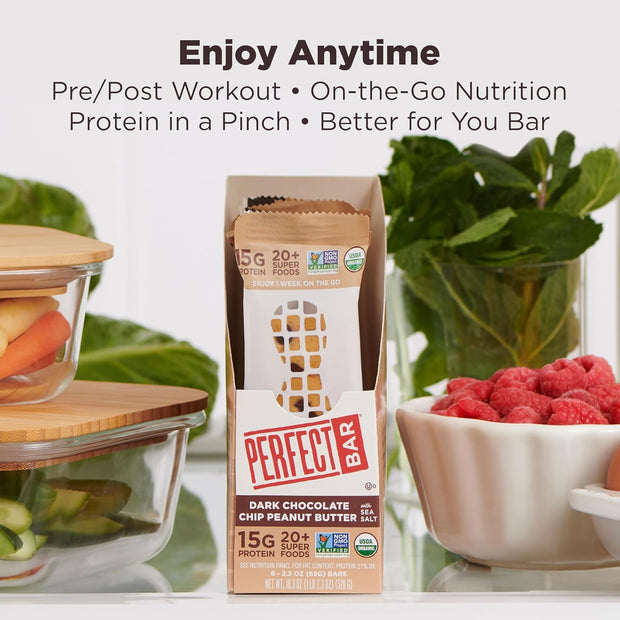 Perfect Bar, Dark Chocolate Chip Peanut Butter Protein Bar, High Protein, Organic, Gluten Free, Soy Free, Non GMO, No Sugar Alcohols, 2.3 Ounce Bar, 10 Count