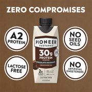 Pioneer Pastures - High Protein A2 Milkshakes - Chocolate - A2 Nutritional Milk, 30g Protein, 2g Sugar, No Artificial Sweeteners, No Seed Oils - All-Natural, Breakfast Shake, Meal Replacement, Workout - 11oz, 12 Pack