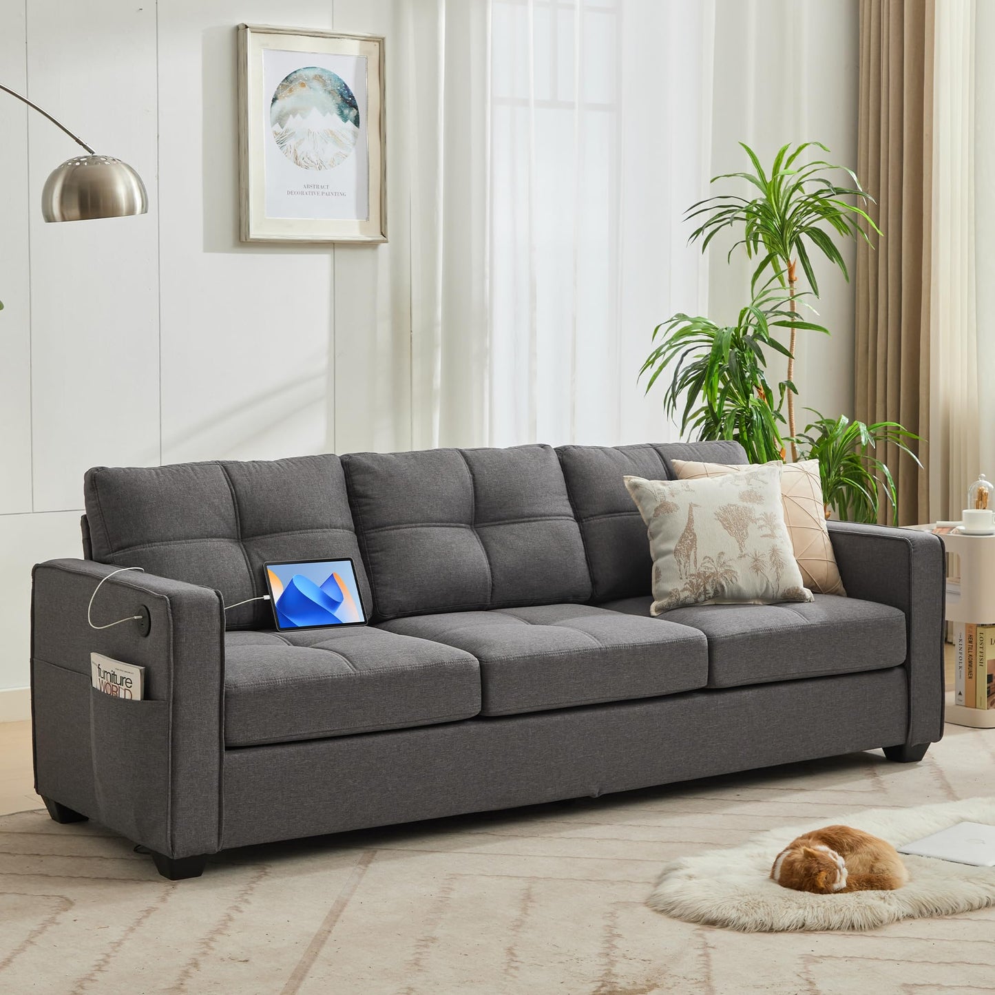 TYBOATLE 88" W Black Faux Leather Sofa Couches for Living Room, Mid-Century Modern Tufted Comfy Small Loveseat w/USB and Wide Arms, 3 Seater Office Cloud Couch for Small Space Apartment Bedroom