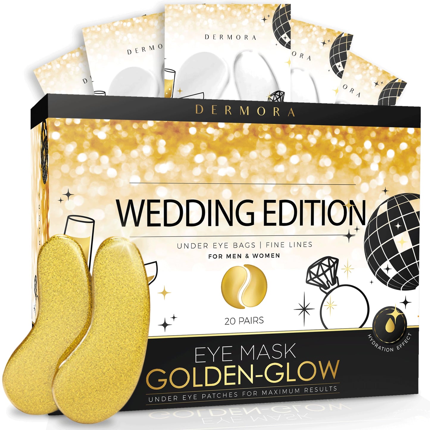 DERMORA Golden Glow Under Eye Patches (30 Pairs Eye Gels) - Rejuvenating Treatment for Dark Circles, Puffy Eyes, Refreshing, Revitalizing, Travel, Wrinkles