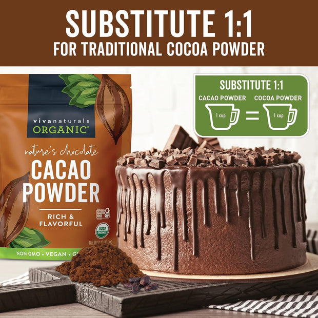 Viva Naturals Organic Cacao Powder, 1lb - Unsweetened Cacao Powder With Rich Dark Chocolate Flavor, Perfect for Baking & Smoothies, Non-GMO, Certified Vegan & Gluten-Free, 454 g