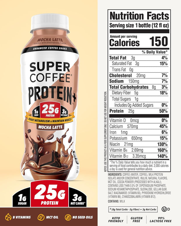 SUPER COFFEE Protein+, Keto Protein Coffee (0g Added Sugar, 25g Protein, 150 Calories) [Mocha] 12 Fl Oz, 12 Pack | Iced Smart Coffee Drinks
