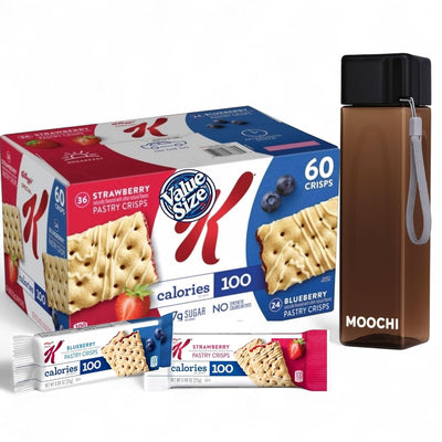 Kellogg K Pastry Crisps Variety Pack, 60 Count – Strawberry & Blueberry, 100 Calorie Snack Bars + MOOCHI Reusable Water Bottle- Custom bundled by MOOCHI