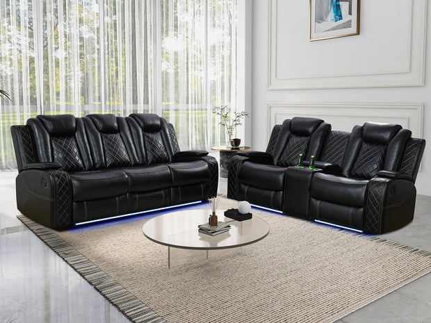 Living Room Set Brown Breathing Leather Sofa Living Room Furniture Set Power Recliner Manual Sofa,Loveseat and Chair with Cup Holders/Storage Console/LED Light for Living Room