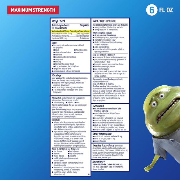 Mucinex Maximum Strength Fast-Max Cold & Flu and Nightshift, All-in-One Multi Symptom Relief Liquid, 6 Fl Oz - 2 Count (Pack of 1)