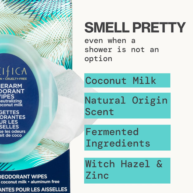 Pacifica Deodorant Wipes - Coconut Milk Underarm & Full Body Deodorant Wipes - Removes Sweat & Oil - Aluminum-Free - Natural Feminine Odor Control Clean Vegan & Cruelty-Free Dermatologist Tested