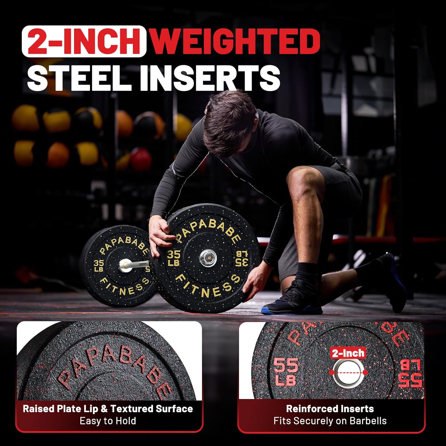 Papababe Weight Plates, 2-Inch Weights Plates Set, Floor Protective Rubber Weight Plates, 10-600lbs Bumper Plates for Barbell Strength Training & Weightlifting (Single/Pair/Full Set)