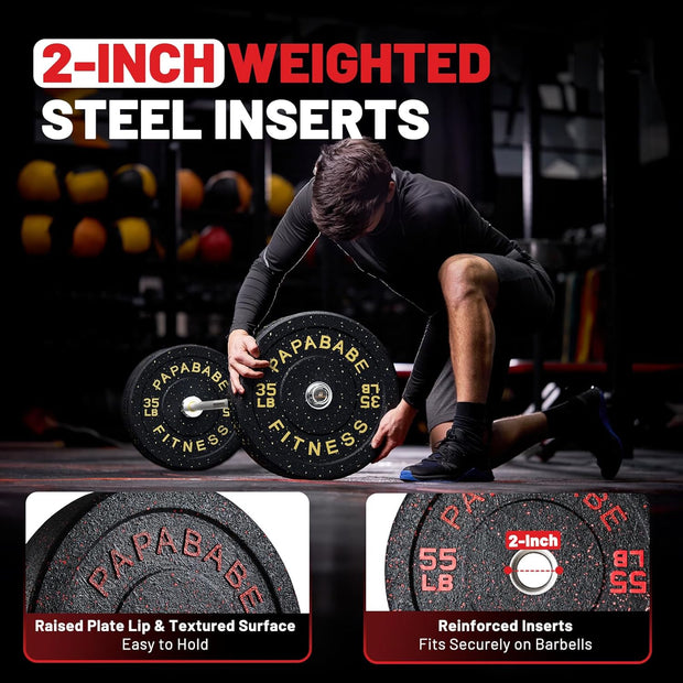 Papababe Weight Plates, 2-Inch Weights Plates Set, Floor Protective Rubber Weight Plates, 10-600lbs Bumper Plates for Barbell Strength Training & Weightlifting (Single/Pair/Full Set)