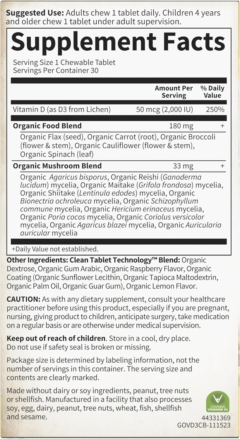 Garden of Life Organics Vegan Vitamin D3 Chewable - Raspberry Lemon, 2,000 IU (50mcg) Whole Food Vitamin D3 from Lichen Plus Food & Mushroom Blend, Gluten Free, 30 Chewable Tablets